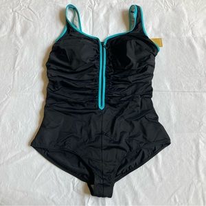 NWT Delmira one piece swimsuit zip front slimming black ruched size 16